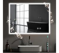 YOLEO Espejo de Baño con Luz, Espejo LED con Bluetooth, Espejo de Baño con Toma de Corriente, Antivaho, 3 Colores de Luz Ajustables, 80x60cm