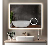YOLEO Espejo de Baño con Reloj e Indicador de Temperatura, Espejo de Aumento 3X, 3 Temperaturas de Color, Espejo de Baño Antivaho y A Prueba de Explosiones 80x60 cm