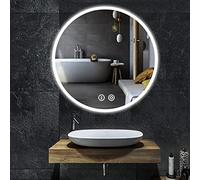 YOLEO Espejo de baño redondo con luz led, 60 x 60 cm, de pared, con interruptor táctil y cristal a prueba de explosiones, luz blanca fría de 6400 K