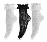Yolev 3 Piezas Calcetines Tobilleros Mujer Calcetines Niña Verano Cómodos con Volantes de Encaje Calcetines de Princesa Liga Tobillera de Encaje con Volante