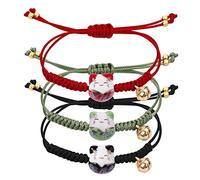 Yolev 3 Piezas Pulsera de Gato de la Suerte Pulsera de Cuentas de Cerámica de Gato Ajustable con Campana Amuleto
