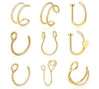 Yolev 9 anillos falsos de nariz dorados, con clip, para mujer, sin perforación, para tabique, labio, oreja, para fiesta de mujeres