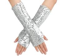 Yolev Guantes de Lentejuelas Guantes sin Dedos Mujer Guantes de Borla Plata Guantes de Baile Guantes Largos con Brillo de Escamas de Pescado Carnaval Disfraz de Fiesta de Halloween (Plata)