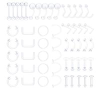 Yolev Juego de 55 piercings transparentes para nariz, acrílico, flexibles, para tabique, labio, oreja, ceja, pezón, lengua, ombligo, cartílago, tragus