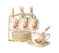 YOLIFE Juego de 6 tazas de té y platillos de arbustos florecientes de 8 onzas, juego de tazas de té florales de cerámica marfil, tazas de café con estante dorado