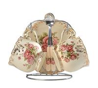 YOLIFE Juego de tazas de té y platillos con cuchara, juego de 2 tazas de regalo para mujeres con soporte en forma de corazón