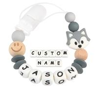 Yolnkos Cadenas Chupetes Personalizado para Bebé con Nombre Zorro Chupetero Niño Chicas(Gris)
