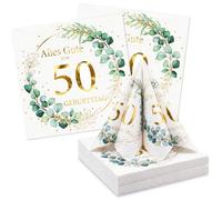 YOLOUP Servilletas de eucalipto para 50 cumpleaños, 40 unidades, con mensaje en alemán: Alles Gute zum Geburtstag Goldfolien Geburtstags-Servilletetten für Mann Frau Tischdekoration Happy Birthday