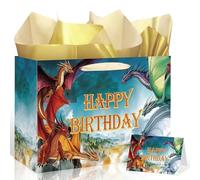 Yomaiha Bolsa de regalo de cumpleaños de dragón con papel de seda y tarjeta de felicitación, papel de regalo de cumpleaños de dragón colorido, bolsa de regalo para niños y niñas, suministros de fiesta
