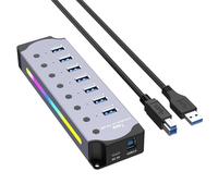 Yominerr Hub USB 3,0, 7 Puertos RGB Hub con Tira de LED, Modos Dinámicos, Interruptores, Caja de Aluminio Hub para PC, Ordenadores Portátiles Enchufe de la UE