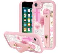 Yomjew Funda de teléfono con diseño de arco de Jesús rosa para iPhone SE 2022/SE 2020/8/7 de 4.7 pulgadas con soporte ajustable para los dedos, cita cristiana de Dios y lazo femenino funda protectora