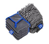 YOMKILU 6 Piezas Kit Limpieza Coche Moto, Toalla Microfibra Coche & Guantes Lavado - 4 Piezas Bayeta Microfibra & 2 Piezas Manoplas de Secado Lavado, para el Lavado, Desempaña, Secado y Pulido