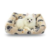 Yommy Cama para Perro Rectangular Acolchada, Tela de Lona Estampada con Gatos, Relleno de Fibra Hueca Siliconada, Base Antideslizante, Disponible en 3 Tallas (S/M/L), Color Beige Multicolor (Small)