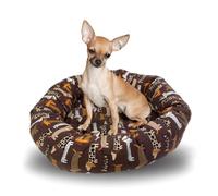 Yommy Cama para Perro Redonda Acolchada, Lona Estampada con Perritos, Relleno de Fibra Siliconada, Base Antideslizante, Disponible en Tallas S/M/L, Color Marrón Multicolor (Small)