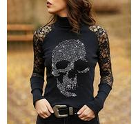 YOND Fashion Skull Hot Drill Print Ladies T-Shirt Autumn Solid Lace Sexy Women Tshirt Y2k Gothic tee Long Sleeve Office Clothes Tops new-NBK2201,S