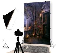 YongFoto 1,5x2,2m Castillo Medieval Telón de Fondo Gótico Antiguo Castillo Puerta Balcón Flor Velas Noche Fotomural Fondo Medieval para Niños Adultos Bruja Fiesta Mágica Accesorios de Fotografía