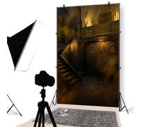 YongFoto 1,5x2,2m Castillo Medieval Telón de Fondo Sombrío Gótico Piedra Escalera Vela Mágica Medieval Ladrillo Interior Embrujada Foto de Fondo para la Fiesta de Halloween Accesorios de fotografía