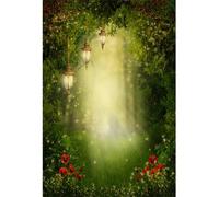 YongFoto 1,5x2,2m Vinilo Fondo de Fotografia Cuento de Hadas Bosque con Linternas Verde Medow Flores Telón de Fondo Photo Booth Infantil Party Banner Niños Photo Studio Props