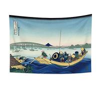 YongFoto 100x70cm Ukiyo-e Tapiz Monte Fuji 36 Vistas Habitación colgar de la pared Atardecer Cruzando el puente de River Bank Paisaje Mural Japonés Pintura tradicional Estilo Toyo Tapices