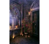 YongFoto 1x1,5m Castillo Medieval Telón de Fondo Gótico Antiguo Castillo Puerta Balcón Flor Velas Noche Fotomural Fondo Medieval para Niños Adultos Bruja Fiesta Mágica Accesorios de Fotografía