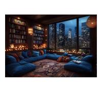 YongFoto 2,2x1,5m Fondo fotografía año Nuevo Interior de la Sala de Estudio Vista Desde la Ventana Paisaje Urbano Nocturno Fondo fotográfico para Celebraciones Nochevieja Decoraciones Sesión