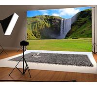 YongFoto 2,2x1,5m Fondos Fotograficos Cascada Skogarfoss Naturaleza Islandia Paisaje Cielo azul Nubes blancas Grass Lawn Spring Travel Fondos para Fotografia Fiesta Niños Boby Boda Estudio Fotográfico