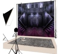 YongFoto 2x2m Fondo de fotografía de Feliz Halloween Castillo embrujado Escaleras Niebla púrpura Fondo de Noche de Miedo Niño Trick or Treat Festival Fiesta Decoración Foto Props Vinilo