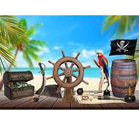 YongFoto 3x2m Vinilo Fondo de fotografía Mesa de Madera Pirata Rueda de la Nave Mapa del Tesoro Ron Brújula Cuchillo Palmera Playa Telón de Fondo de Fotografía Estudio de Foto Studio Props