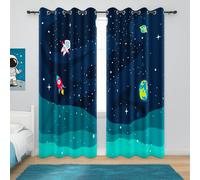 YONGFOTO Cortinas Espacio Opacas para Dormitorio Infantil Universo Galaxia Cohete Planetas Astronauta Cortina Infantiles Niño Habitación con Ojales Azul Marino 2 Paneles 117 x 138 cm