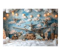 YongFoto Telón de fondo de avión de 7 x 5 pies, nubes blancas, paisaje azul, luces de reloj, fondo de fotografía, baby shower, mapa del mundo, viajes, aventura, primer cumpleaños, fiesta, estudio