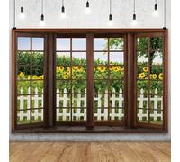 YongFoto Telón de fondo de paisaje de ventana de primavera de 7 x 5 pies, girasoles, jardín, valla rústica, paisaje natural, fondo de fotografía para niña, mujer, fiesta de cumpleaños, baby shower,