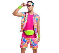 Yonroik 5 Pieces 80s Workout Costume for Men Halloween Cosplay 80s 90s Workout Outfit Party Clothing for Adult Mens (Pink, Large)