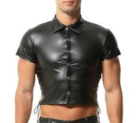 YOOBNG Camiseta de Cuero sintético para Hombres, Ajuste Muscle fit, Look Mojado, Top Deportivo, Ropa de Club, Ropa Activa