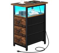 Yoobure Mesa auxiliar con estación de carga, mesita de noche estrecha LED para sala de estar, mesita de noche delgada con 3 cajones de tela, mesas auxiliares para dormitorio para espacios pequeños