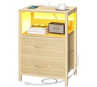 Yoobure Mesita de noche con estación de carga, mesita de noche LED con cajones de tela y estante de almacenamiento para dormitorio, mesitas de noche con puertos USB y tomas, mesitas de noche pequeñas