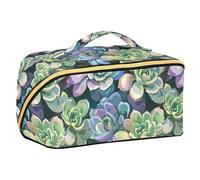 Yoogain Bolsa de cosméticos con divisores, diseño de ilustración de arte suculento, color verde y morado, bolsas de maquillaje esenciales para mujer con compartimentos y asa