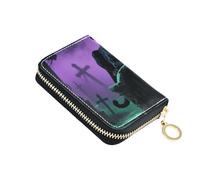 Yoogain Cartera gótica de piel con diseño de cruz de leopardo místico para hombre con 9 ranuras para tarjetas, bloqueo RFID, pequeño tarjetero con cremallera