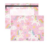 Yoogain Estuches para lápices con cremalleras suaves, bolsillo de 3 anillos para cartas de papel A4, paquete de 2 unidades para estudiantes de regreso a clases, lindos unicornios arcoíris blancos de