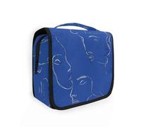 Yoogain Neceser de viaje minimalista con diseño de línea azul con gancho para colgar, estuche de maquillaje portátil con compartimentos y asa