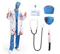 YOOHBERRYS Disfraz Zombie Médico Hombre, Disfraz Doctor Halloween Terror, Trajes Cirujano Halloween Adulto con Bata, Camiseta, Pantalones, Gorro, Mascarilla, Estetoscopio, Cuchillo y Credencial