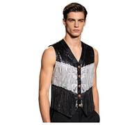 YOOJIA Chaqueta Hombre con Brillo Y Franja Bloqueo Color Chaleco Baile Jazz Brillante Ropa De Club De Rave Bar Plata Negra XL