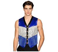 YOOJIA Chaqueta Hombre con Brillo Y Franja Bloqueo Color Chaleco Baile Jazz Brillante Ropa De Club De Rave Bar Plata Azul L