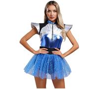 YOOJIA Disfraz De Alienígena Brillante Para Mujer Leotardo Con Falda Tutú Disfraz De Cadete Espacial De Halloween Ropa De Fiesta Azul 3XL