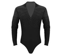 YOOJIA Hombre Camisa de Danza Latina Tango Body Baile Manga Larga Escote Cuello en V con Diamantes Brillante Traje de Bailarina Actuación Negro X-Large
