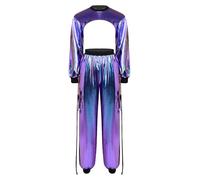 YOOJIA Mujer Conjunto Holográfico Dos Piezas Trajes Baile Hip Hop Ropa Street Dance Aspecto Mojado Cuero Pvc Azul XL