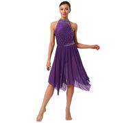 YOOJIA Vestido De Danza Lírica para Mujer con Cuello Halter Vestido Lentejuelas Brillantes con Falda Irregular Body De Gimnasia Dancewear Morado S