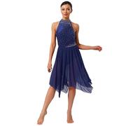 YOOJIA Vestido De Danza Lírica para Mujer con Cuello Halter Vestido Lentejuelas Brillantes con Falda Irregular Body De Gimnasia Dancewear Azul Marino M