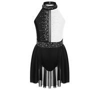 YOOJIA Vestido Tul de Baile Niña con Espalda Hueca Leotardo Maillot Body Elastico sin Mangas Brillante Disfraz Bailarina Competicion Niña 5-16 Años Blanco y Negro 15-16 años
