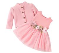 Yoolhamy Bebé Niñas Vestido de Flores y Cárdigan Manga Larga Algodón Princesa Tutú Vestidos con Trajes Abrigo (FR/ES, Edad, 12 meses, 18 meses, Sleeveless Pink)