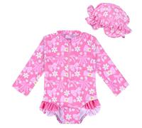 Yoolhamy Traje de baño para niñas con Sombrero de Sol de Manga Larga con Protector de erupción para bebé, Traje de baño de Playa con Lazo de Fresa para 3M-2Y, Rosado, 3-6 Months
